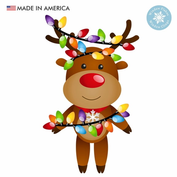 Window Flakes Christmas Reindeer with Lights Window Cling, Reusable Double-Sided Static Holiday Decal
