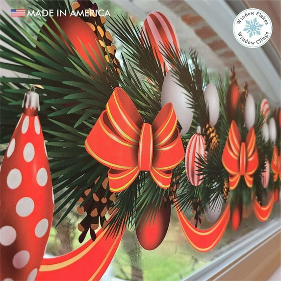 Window Flakes Fir Cone, Ribbon and Ornament Window Cling Decal Christmas Holiday Vinyl Border Large