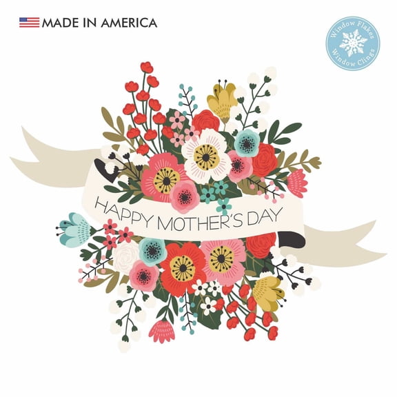 Window Flakes Happy Mother's Day Vintage Flowers Window Cling, Decal, Dcor, Multicolor, Medium Size