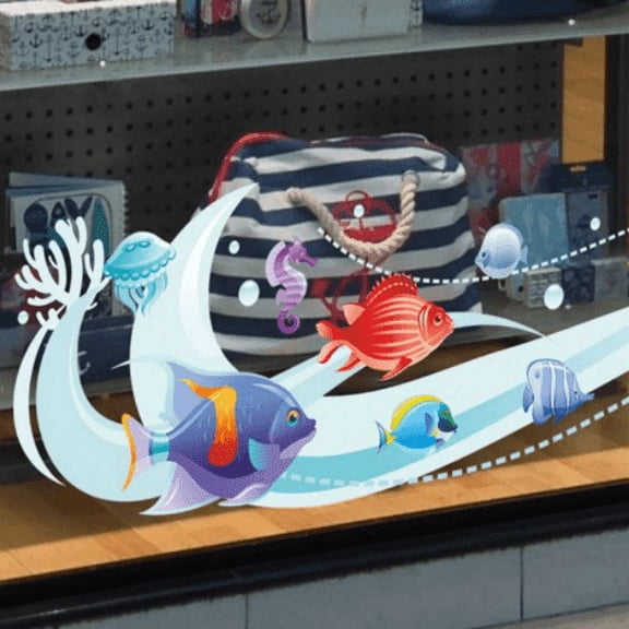 Window Flakes Tropical Fish Border Decal, Kids Bathroom Decoration, Large 47" Multicolor Vinyl Decal