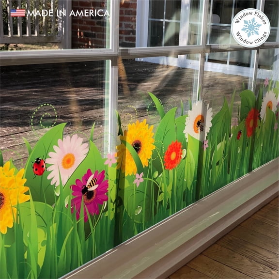 Window Flakes Wild Grass Window Cling Border, Large 47" Vinyl Spring Floral Home Decal, Peel & Cling