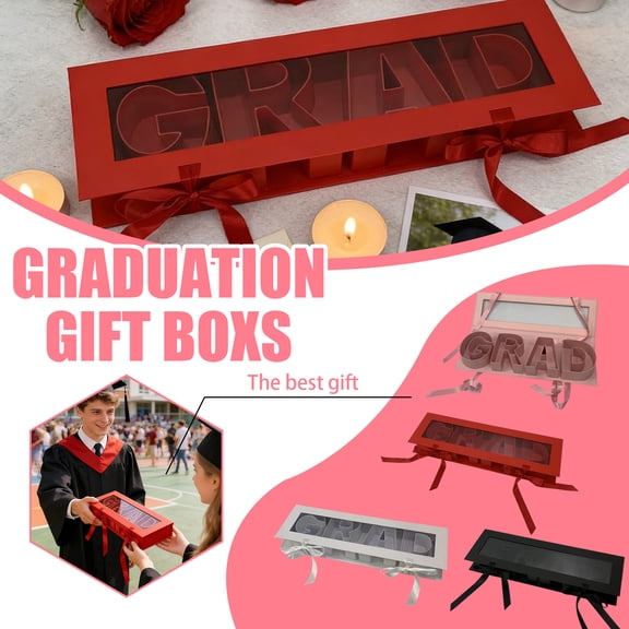 Window Flower Box, Clear Display Box, Grad Cutout, 14X7 In, Pink, 1 Pc, Graduation Gift, Transparent Paper, Ribbon for Flower Bouquet