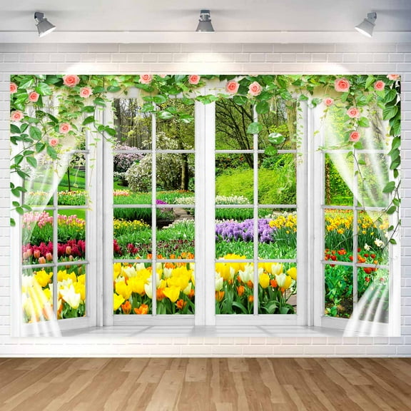 Window Flower Photography Backdrop,Spring Scene Backdrops,Outside The Window Garden Tree Path Party Decor,for Birthday Wedding Newborn Baby Shower Photo Booth Banner-7x5FT