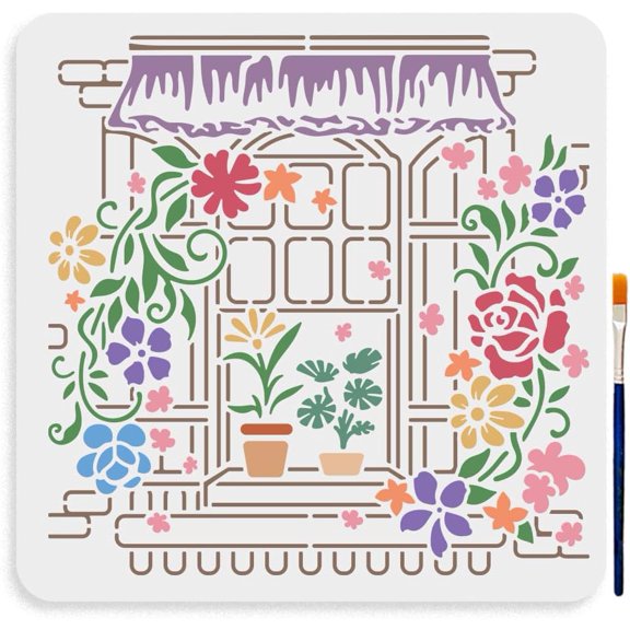 Window Flower Stencils 11.811.8inch Large Potted Plants Curtain Rose Vine Stencil with Paint Brush Garden Blooming Flower Window Sill Scenery Drawing Template