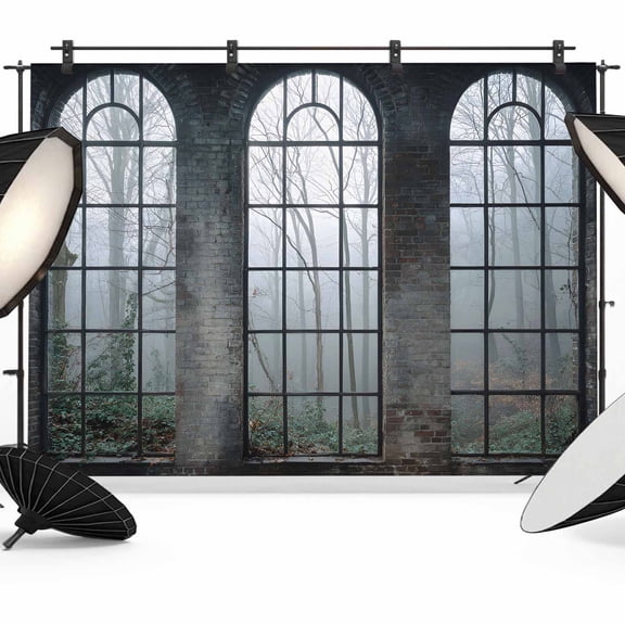 Window Forest Backdrop for Photoshoot, Photography Photo Studio Background Wall Backdrop, Vintage Arched Black Green Back Drop Banner Panel for Portraits Wedding Party Live Streaming Decor 12x8Ft