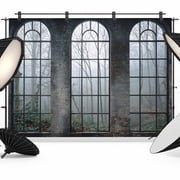 Window Forest Backdrop for Photoshoot, Photography Photo Studio Background Wall Backdrop, Vintage Arched Black Green Back Drop Banner Panel for Portraits Wedding Party Live Streaming Decor 8x6Ft