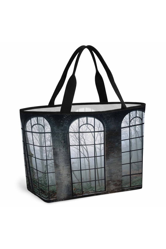 Window Forest Beach Bag for Women, Large Breathable Mesh Beach Tote Bag, Vintage Arched Black Green Sandproof Lightweight Travel Bags for Vacation Picnic Swimming Pool 15.7"x15.7"x9.1"