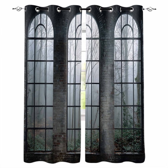 Window Forest Blackout Curtains 90 Inches Long, Vintage Arched Black Green Thermal Insulated Black Out Curtains, Darkening Window Curtain Drapes for Bedroom Living Room 52"x90" 2 Panels
