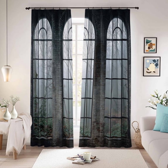 Window Forest Blackout Curtains for Bedroom/Living Room, Pinch Pleated Black Out Curtains, Vintage Arched Black Green Room Darkening Window Drapes with Hooks 2 Panels, 39"x70"