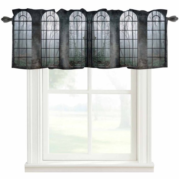 Window Forest Farmhouse Short Window Curtain Valances, Vintage Arched Black Green Rod Pocket Kitchen Valances for Living Room Bedroom Bathroom Cafe 42" x 12"