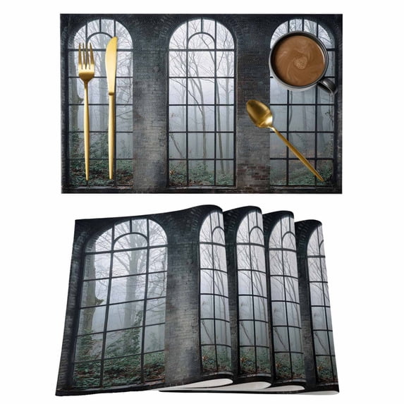 Window Forest Placemats Set of 6 Vintage Arched Black Green Place Mats Indoor Wipeable Table Mats Washable Cloth Dining Table Placemats for Kitchen Holiday Party Home Decor 13x19 Inch