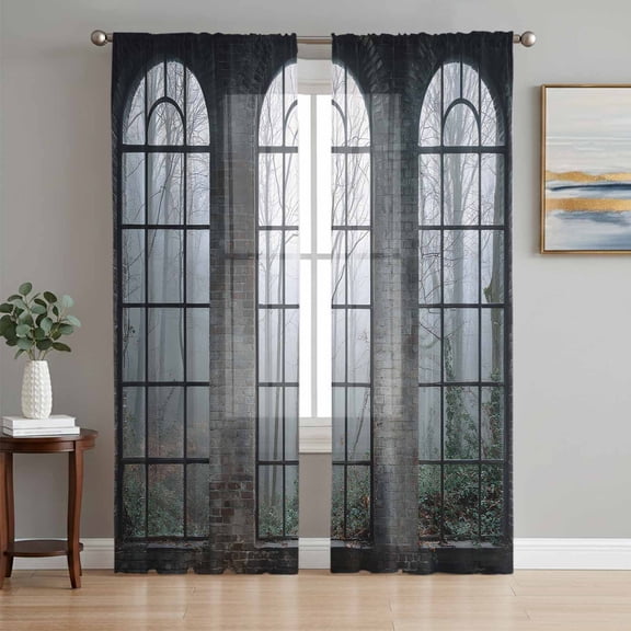 Window Forest Sheer Curtains 108 Inch Length 2 Panels Set Window Treatments, Vintage Arched Black Green Rod Pocket Semi Curtains for Living Room/Bedroom/Kitchen Décor, 104"W x 108"L