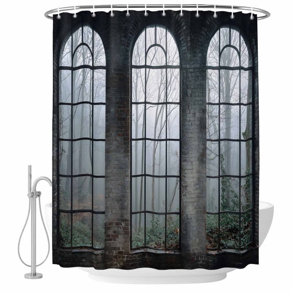 Window Forest Shower Curtain, Waterproof Shower Curtains for Bathroom, Vintage Arched Black Green Washable Fabric Bathtub Curtain Set Bath Decor with 12 Hooks 48"x72"