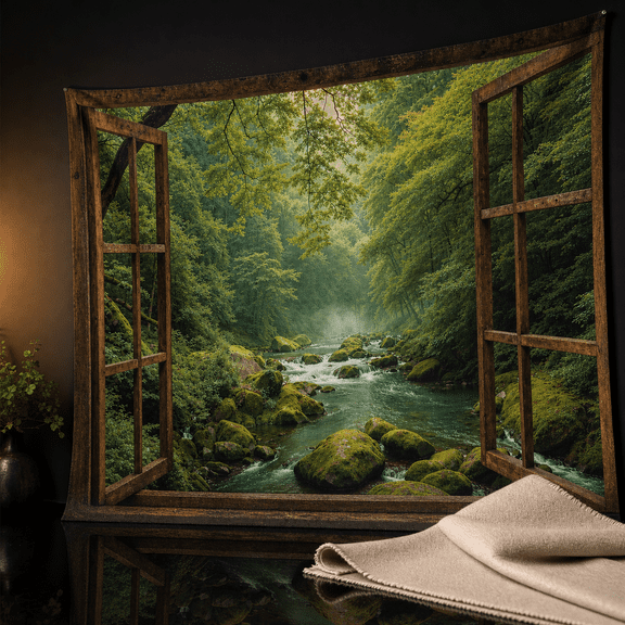 Window Forest Tapestry Green Jungle Wall For Bedroom Aesthetic Rainforest Stream Outdoor Landscape Extra Large Tapestries Hanging Dorm Living Room Decor 90 X 68 Inch