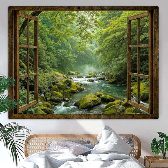Window Forest Tapestry Green Nature Jungle Wall Tapestry for Bedroom Aesthetic Rainforest Stream Outdoor Landscape Small Tapestries Wall Hanging for Dorm Living Room Decor