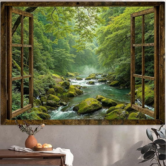 Window Forest Tapestry Green Nature Jungle Wall Tapestry for Bedroom Aesthetic Rainforest Stream Outdoor Landscape Small Tapestries Wall Hanging for Dorm Living Room Decor 60x 50 Inch