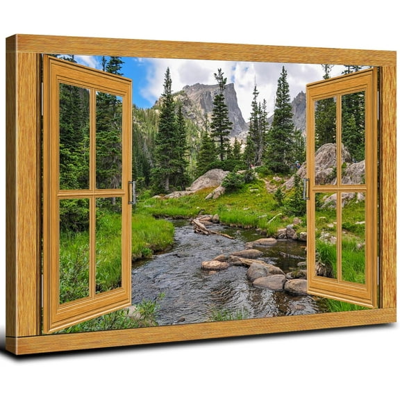 Window Frame Style Sunset Mountain Landscape Wall Art Nature Green Pine Trees Scenic Canvas Prints for Living Room Colorado Wilderness Scenery Picture Wall Decor Artwork Office Home Decorations 12x16"
