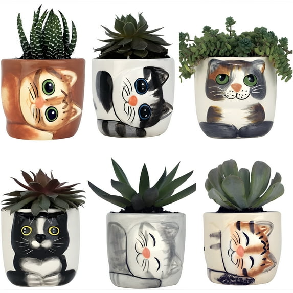 Window Garden Cat Planter Pot, Mini Succulent Glazed Ceramic Planter, Pack of 6