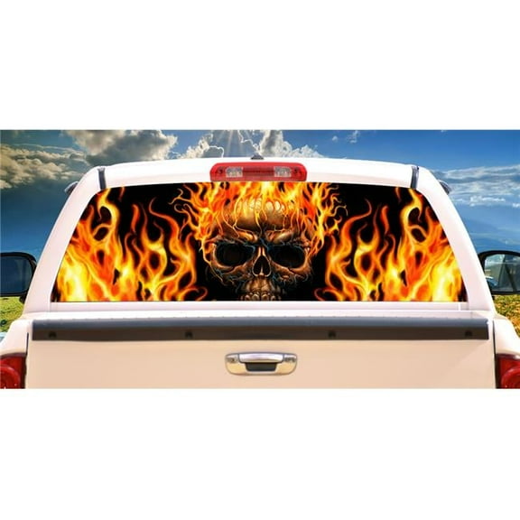 Window Graphic Back Truck Decal - Flaming Skull Rear