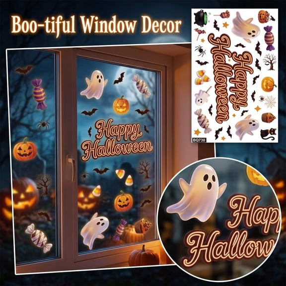 Window Halloween Decorations, Halloween Window, Halloween Ghost Decor, Pumpkin Decorations for Home, 12X8 Inch Non-Adhesive Static Glass Easy to Apply and Remove for Front Door