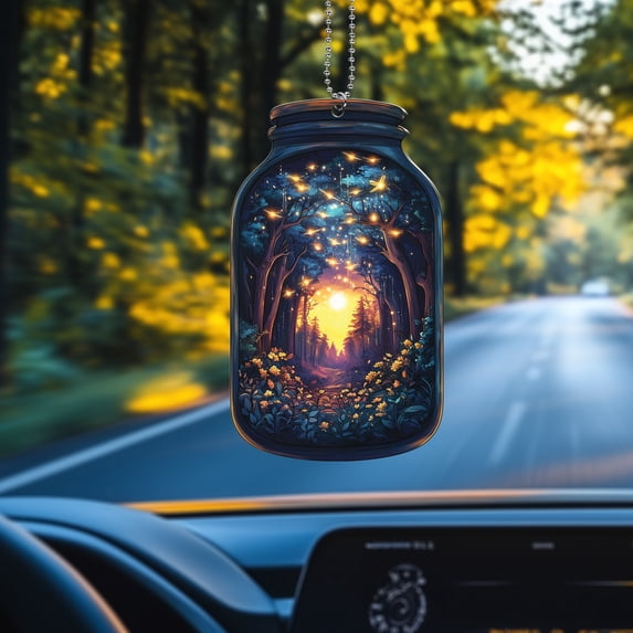 Window Hanging Acrylic Mason Jar Suncatcher, Enchanted Forest with Fireflies Car Decoration, Magical Gift for Nature Lovers, Dreamy Home Décor