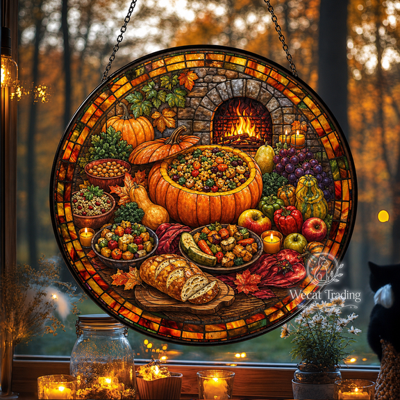 Window Hanging Autumn Harvest Feast Suncatcher for Fall Window Display and Thanksgiving Decor