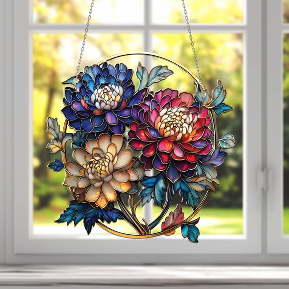 Window Hanging Chrysanthemum Flowers, Car Decoration, Stained Glass Style Suncatcher, Floral Art Gift for Dad or Mom, Unique Home Décor, Botanical Design, Elegant Boho Room Decoration