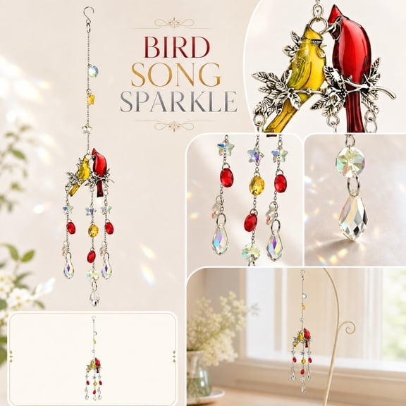 Window Hanging Decor, Sun Catcher, Rainbow Prism, Bird Decor, Couple Cardinal Light Catcher Hanging Ornament, 14X2 Inch, Crystal Drop Window Prism, for Outdoor Yard Ornament,