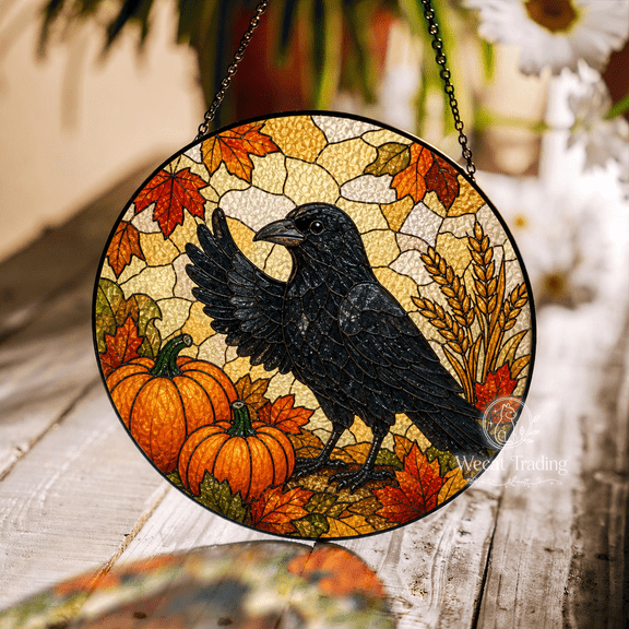 Window Hanging Fall Crow Stained Glass Style Sun Catcher for Autumn Decorating