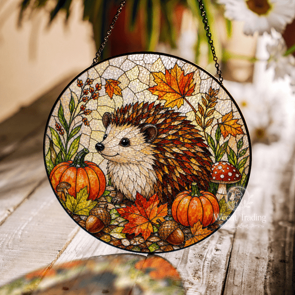 Window Hanging Fall Hedgehog Stained Glass Style Sun Catcher for Autumn Decor