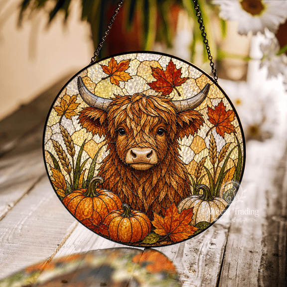 Window Hanging Fall Highland Cow Stained Glass Style Sun Catcher for Housewarming Gifts