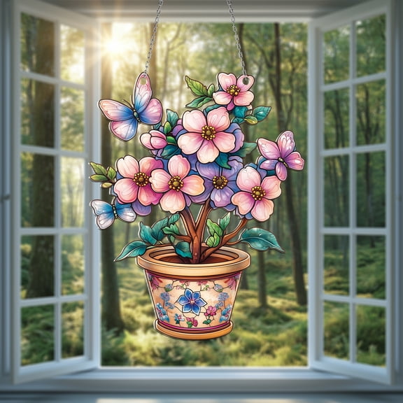 Window Hanging Flower Pot with Butterflies, Car Decoration, Stained Glass Style Suncatcher, Floral Art Gift for Dad or Mom, Unique Home Décor, Botanical Design, Boho Room Decoration