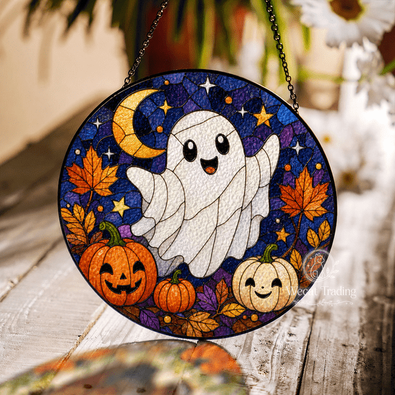 Window Hanging Friendly Ghost Stained Glass Style Sun Catcher for Window Halloween Lovers