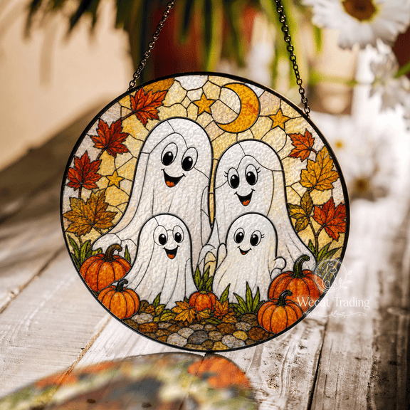 Window Hanging Ghost Family Stained Glass Style Sun Catcher for Halloween Decor