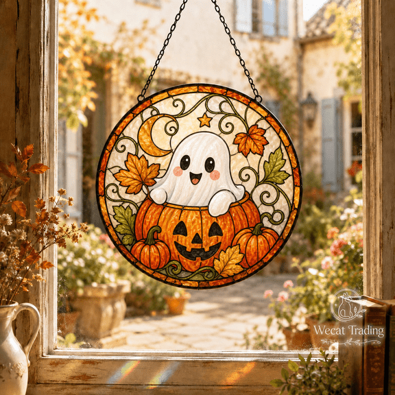Window Hanging Ghost Pumpkin Stained Glass Style for Sunny Windows Halloween Decor