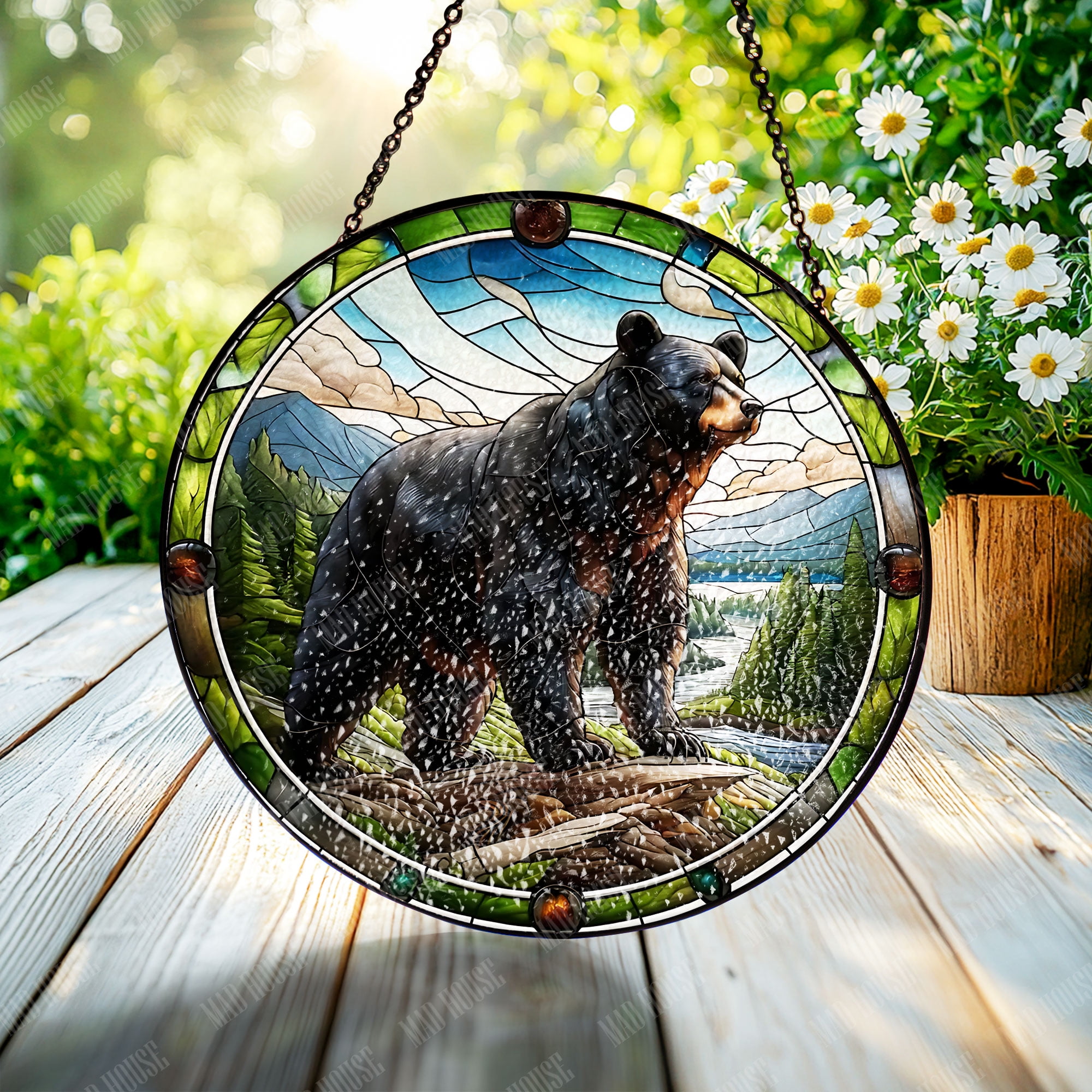 Window Hanging Glass Art - Black Bear in Forest Design with Stunning ...