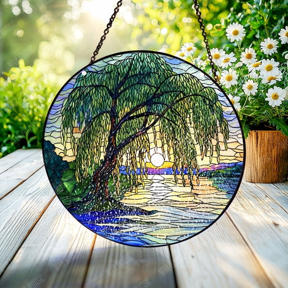 Window Hanging Glass Art - Willow Tree by Sunset Design with Beautiful Stained Glass, Perfect for Home Window and Car Decoration, Nature-Inspired Gift for Art Lovers