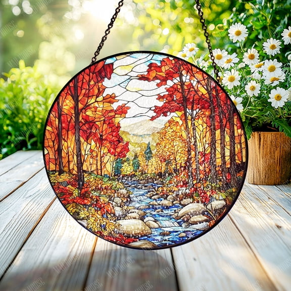 Window Hanging Glass Autumn Forest Scene, Car Decoration, Elegant Stained Glass Art, Gift for Dad or Mom, Home or Auto Decor, Unique Handmade Ornament for Parents