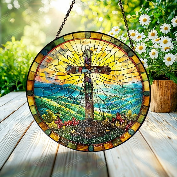 Window Hanging Glass - Cross in Nature Design with Stunning Stained Glass, Perfect for Home Window and Car Decoration, Inspirational Gift for Faith and Nature Lovers