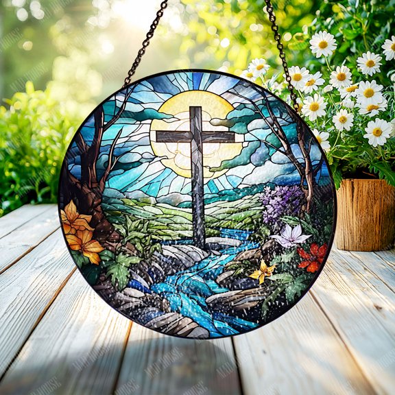 Window Hanging Glass - Cross in Nature Design with Stunning Stained Glass, Perfect for Home Window and Car Decoration, Inspirational Gift for Faith and Nature Lovers