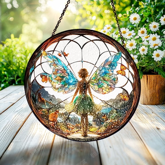 Window Hanging Glass - Fairy with Butterfly Wings Design in Vibrant Stained Glass, Perfect for Home Window and Car Decoration, Magical Gift for Fantasy and Nature Lovers