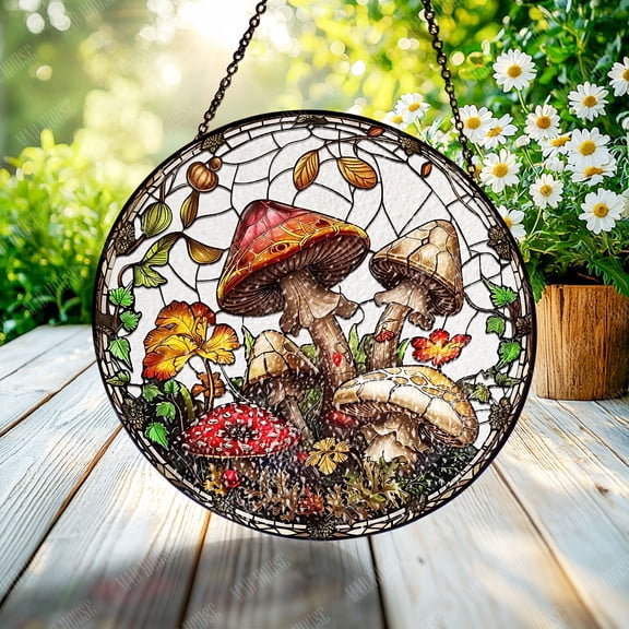 Window Hanging Glass - Forest Mushroom Design with Colorful Stained Glass, Perfect for Home Window and Car Decoration, Unique Gift for Nature and Mushroom Enthusiasts