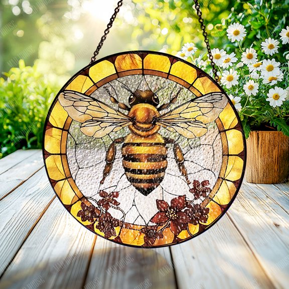 Window Hanging Glass - Honeybee and Flowers Design with Warm Stained Glass, Perfect for Home Window and Car Decoration, Unique Gift for Nature and Bee Lovers