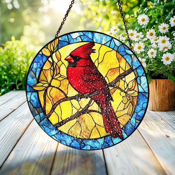 Window Hanging Glass Red Cardinal Bird, Car Decoration, Elegant Stained Glass Art, Gift for Dad or Mom, Home or Auto Decor, Unique Handmade Ornament for Parents