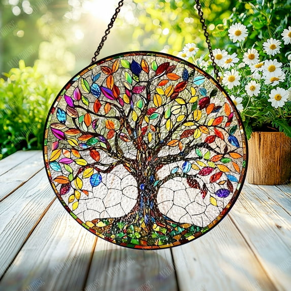 Window Hanging Glass - Tree of Life Design with Vibrant Stained Glass, Perfect for Home Window and Car Decoration, Symbolic Gift for Growth and Nature Enthusiasts