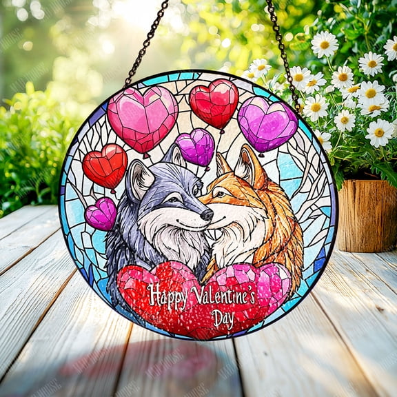 Window Hanging Glass - Wolf Couple with Hearts Design for Valentine's Day, Stunning Stained Glass Decor, Perfect for Home Window and Car Decoration, Romantic Gift for Love and Nature Lovers