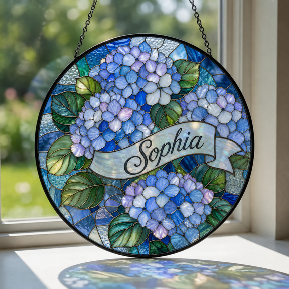 Window Hanging Hydrangea Custom Name Stained Glass for Sunlit Window Personalized Gift