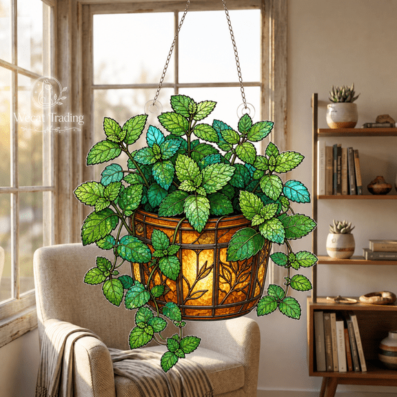 Window Hanging Mint Plant Stained Glass Style for Sunny Windows Herb Garden Lovers