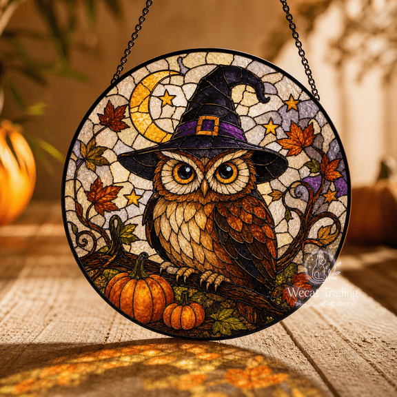 Window Hanging Owl Witch Stained Glass Sun Catcher for Halloween Decor