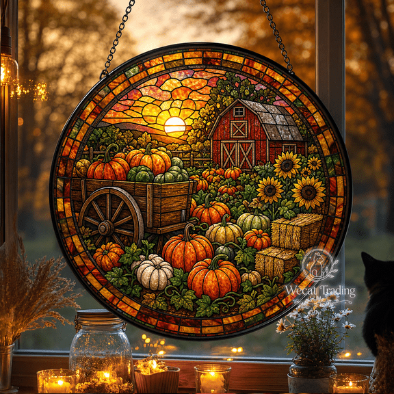 Window Hanging Pumpkin Patch Stained Glass Style Sun Catcher for Fall Decor Lovers